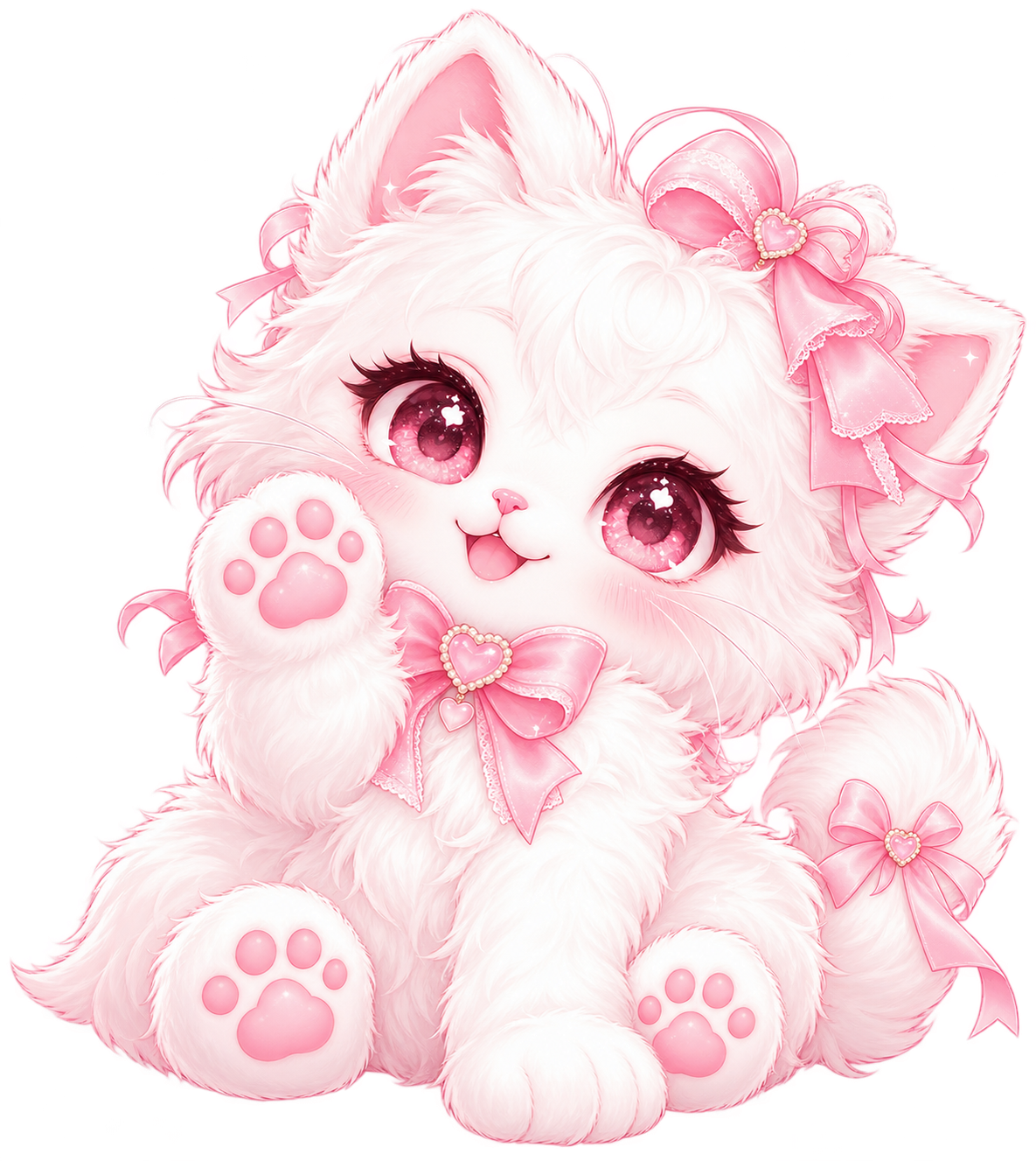 Maskot kucing putih dengan pita pink